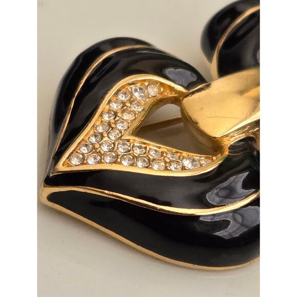 Vintage Gold Tone, Enamel and Pave Clear Swarovski Crystal Double Heart Brooch - Picture 2 of 7